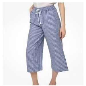 Beach Lunch‎ Lounge Women's Pants Blue Stripes Linen Cotton Crop Wide Leg Size S